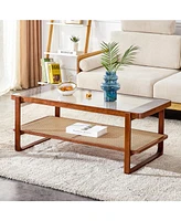 Walnut Wood & Glass Tea Table with Rattan Detail, Perfect for Home Decor