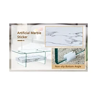 43" Modern Two-Tier Coffee Table: Clear Glass, White Marble Texture