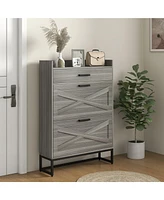 Narrow Shoe Cabinet, Industrial Shoe Storage Cabinet with 2 Flip Drawers, Adjustable Shelves, and Top Drawer, Entryway Hidden Shoe Storage for 12 Pair