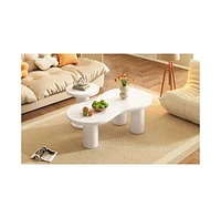 Easy Assembly Nesting Coffee Table Set of 2, Cream Style Cloud Coffee Table with Round Small Side Table, Irregular Center Table with Thick Legs for Li