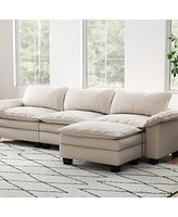 Living Room Furniture Luxury Sectional Sofa Couch with Ottoman Soft Velvet Upholstered Sofa Beige