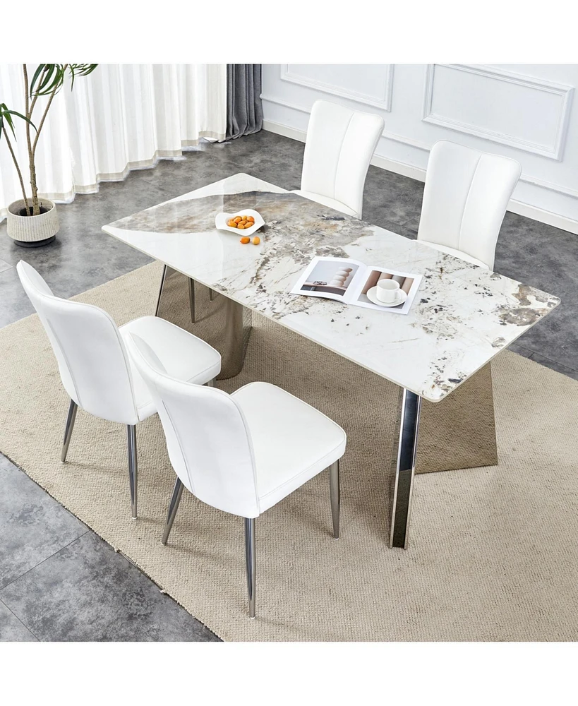 Pandora Patterned Sintered Stone Table with Stainless Steel Legs and 4 Pu Chairs