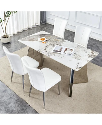 Pandora Patterned Sintered Stone Table with Stainless Steel Legs and 4 Pu Chairs
