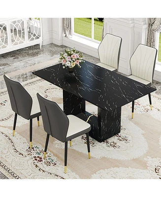 Black Marble Dining Set with White & Gray Pu Chairs