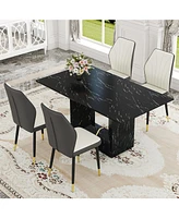 Black Marble Dining Set with White & Gray Pu Chairs