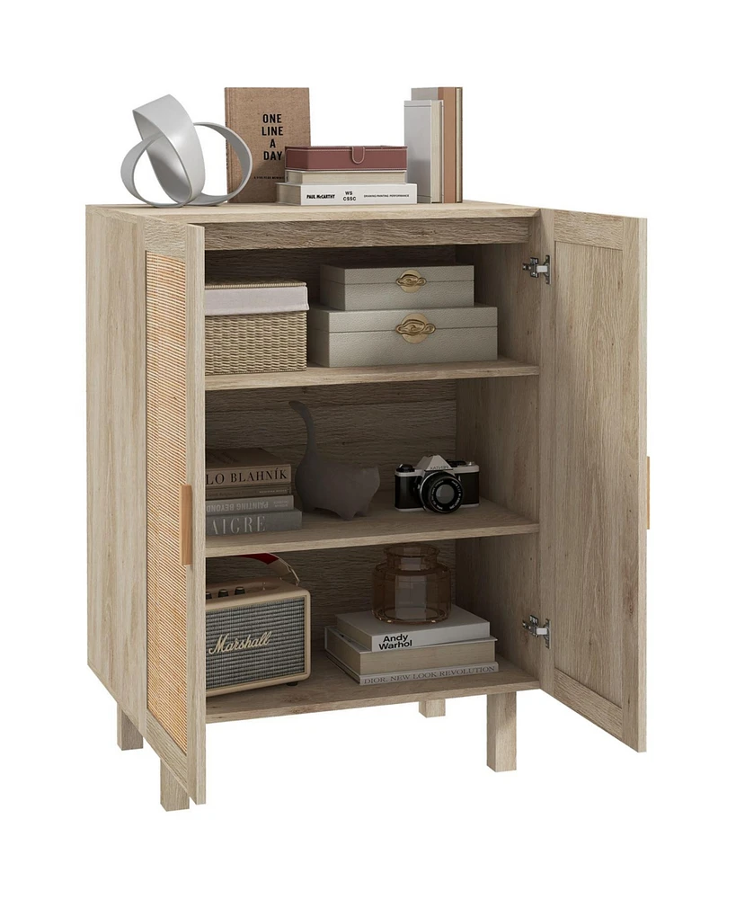 Sideboard Buffet Cabinet, Kitchen Cabinet, Coffee Bar Cabinet with 2 Rattan Doors and Adjustable Shelves, Natural