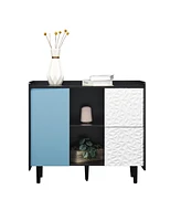 Sideboard Buffet Cabinet, Black Storage Cabinet with Red Doors, 2 Drawers with unique panel styling and 2 Open Storage Compartment
