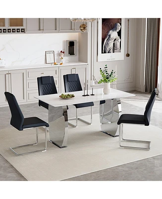63" Snow Mountain White Stone Dining Table Set (4 Black Pu Chairs)