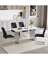 63" Snow Mountain White Stone Dining Table Set (4 Black Pu Chairs)