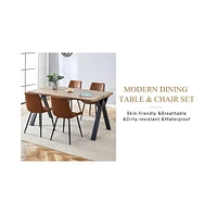 Wood-Textured Mdf Dining Table with 4 Technology Fabric Chairs