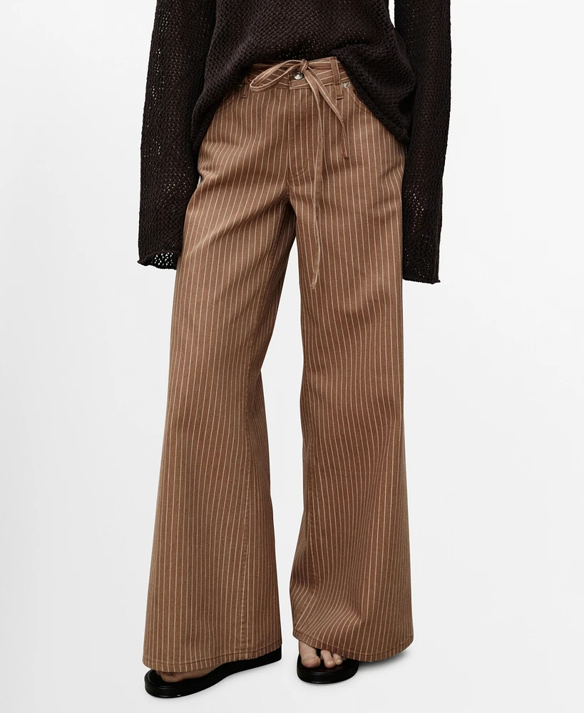 Mango Women's Stripes and Belt Wide Leg Jeans