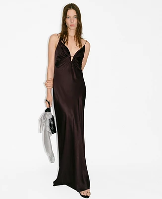 Mango Women's Gathered V-Neckline Satin Dress