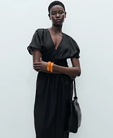 Mango Women's Gathered Panel Long Linen Dress