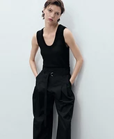 Mango Women's Belted Wide Leg Cotton Pants