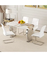 Pandora Sintered Stone Dining Set: 63 x 31.4 Inch Table with 4 White Chairs