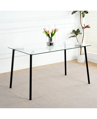 51.2" Square Glass Dining Table, Black Metal Legs