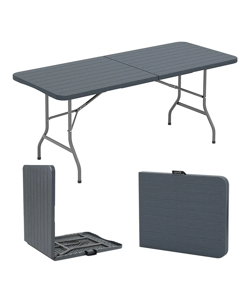 6 Feet Folding Table with Wood Grain Hdpe Tabletop and Safe Lock Mechanism