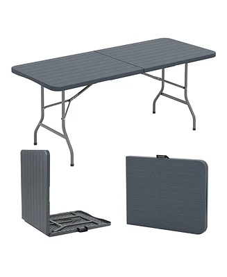 6 Feet Folding Table with Wood Grain Hdpe Tabletop and Safe Lock Mechanism
