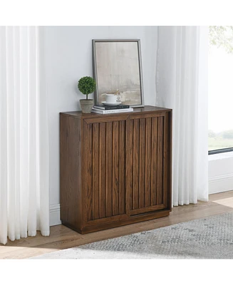 Mid Century Sideboard with 2 Sliding Door & Solid Wood Decorative Strips, Storage Cabinet for Living Room, Kitchen, Dining, Entryway, Hallway