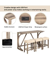 4-Piece Bar Table Set with Power Outlet and 3 Padded Stools