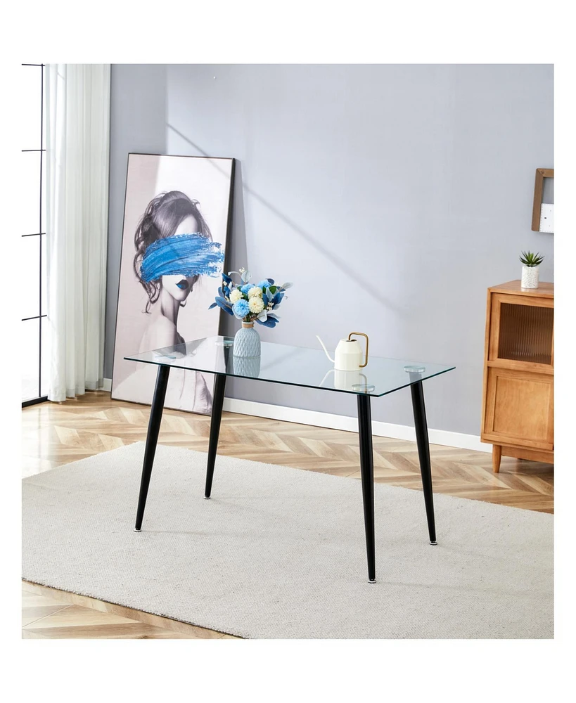 Crystal-Clear Glass Dining Table with Black Metal Base: Elegance and Versatility