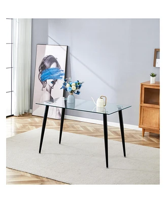 Crystal-Clear Glass Dining Table with Black Metal Base: Elegance and Versatility
