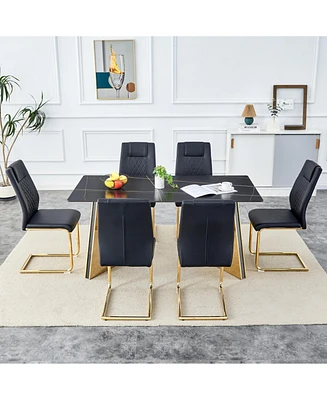 Black Sintered Stone Table & 6 Pu Chairs - Golden Accents