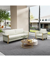 Beige Velvet Sofa and Armchair Set with Gold Accents