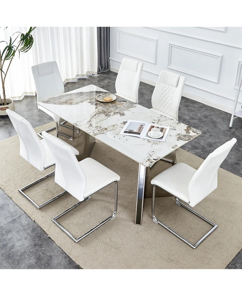 Pandora Sintered Stone Table (63" L) with 6 Pu Chairs