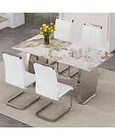 Pandora Sintered Stone Dining Set: 4 White Pu Chairs, Silver Legs