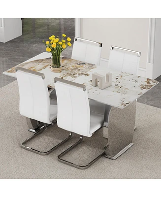 Pandora Sintered Stone Dining Set: 4 White Pu Chairs, Silver Legs