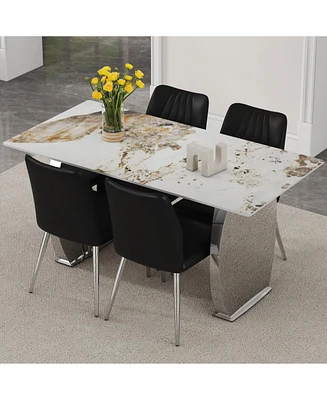 Pandora Dining Table Set: 63" Stone Table with 4 Black Shell Chairs