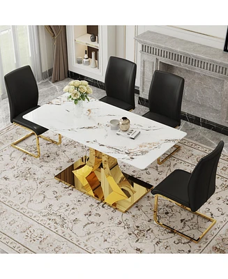 Jade Stone Dining Set: 63" Table, 4 Black Pu Chairs