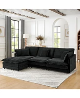 Modern L-Shaped Sectional Sofa with Ottoman, 4-Seat Couch (Black