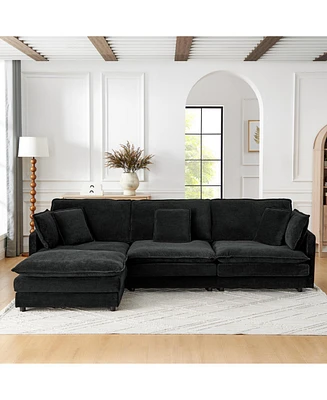 Modern L-Shaped Sectional Sofa with Ottoman, 4-Seat Couch (Black