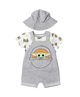The Mandalorian Baby Boys Yoda Short Overalls, French Terry T-Shirt and Bucket Sun Hat 3 Piece Outfit Set