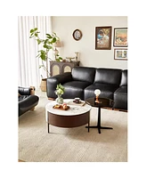 Modern Round White & reall wood color Coffee Table with Drawers and metal legs, Drum Coffee Table with Golden Legs Circular Center Table with ceramic