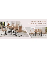 Retro Wood Table & 4 Brown Tech Fabric Chairs