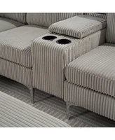 Corduroy Convertible Sectional Sofa with Ottoman, Gray