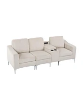 Convertible Sectional Corduroy Sofa with Cupholders, Usb,Three-seater,Beige