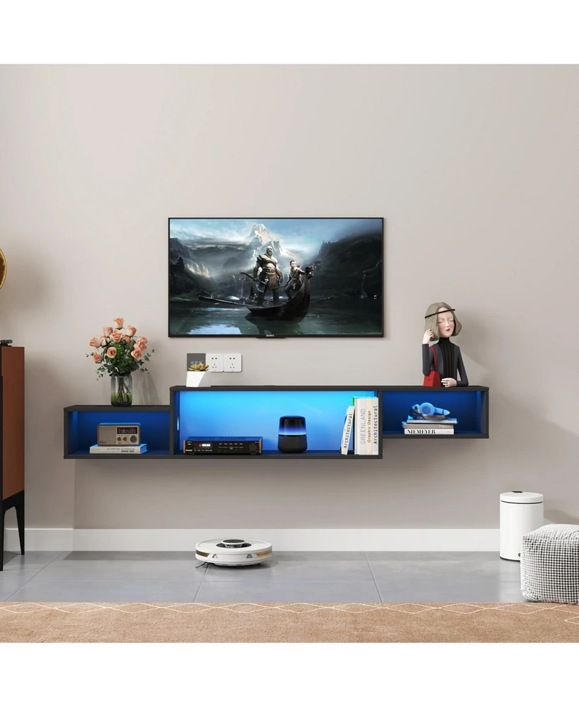 65.35in Wall Mounted Floating Tv Stand with 20 Color LEDs and Charging Station