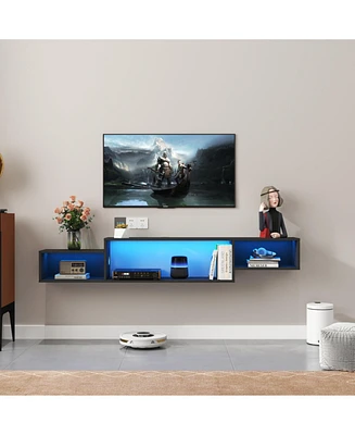 65.35in Wall Mounted Floating Tv Stand with 20 Color LEDs and Charging Station