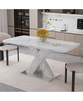 Modern Square Dining Table, Stretchable, with Printed White Marble Table Top+Mdf X-Shape Table Leg with Metal Base