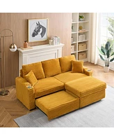 80" Foldable Corduroy Chaise Sofa with Storage, Cup Holders, Footrest