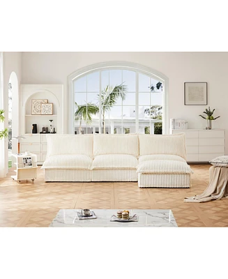 Cream Corduroy Modular Armless Sectional Sofa with Reversible Ottoman