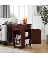 Powered End Table with Charging Station, Nightstand with Storage, Wheels, Red