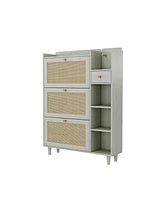 Natural Bohemia Style Shoe Cabinet, Shoe Rack Cabinet with 3 Rattan Flip Drawers,3 Square Shelves and 1 Storage Drawer, Shoe Organizer with Mulit Stor
