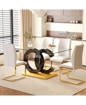 63" Glass Dining Set with 4 White Chairs, Gold Legs