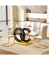 63" Glass Dining Set with 4 White Chairs, Gold Legs