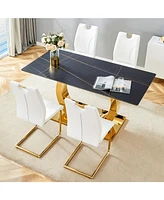 Sintered Stone Dining Set: 63" Table & 4 White/Gold Chairs